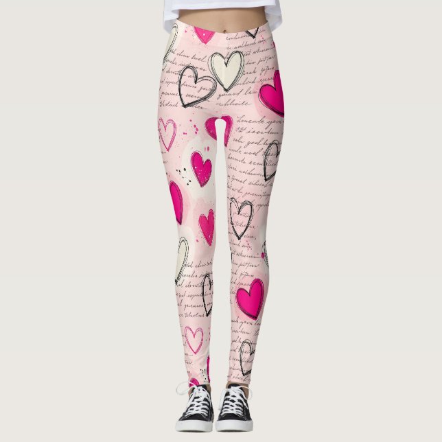 Leggings Motif de cœur moderne avec arrière-plan en script  (Devant)