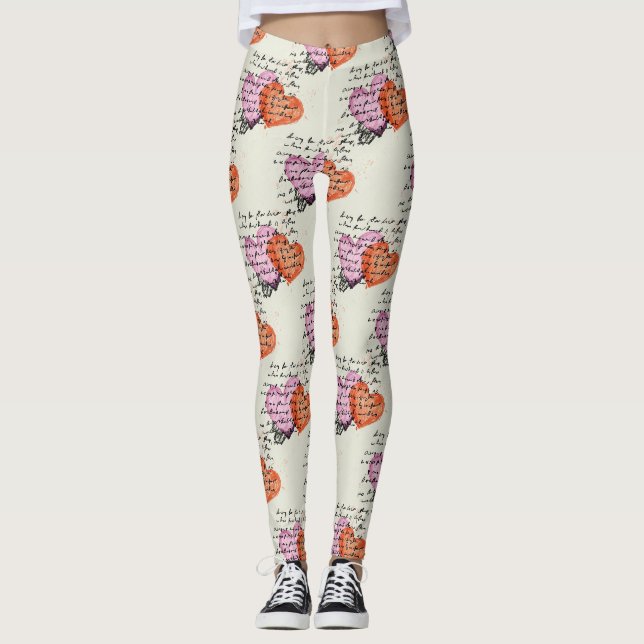 Leggings Motif de cœur moderne avec arrière-plan en script  (Devant)