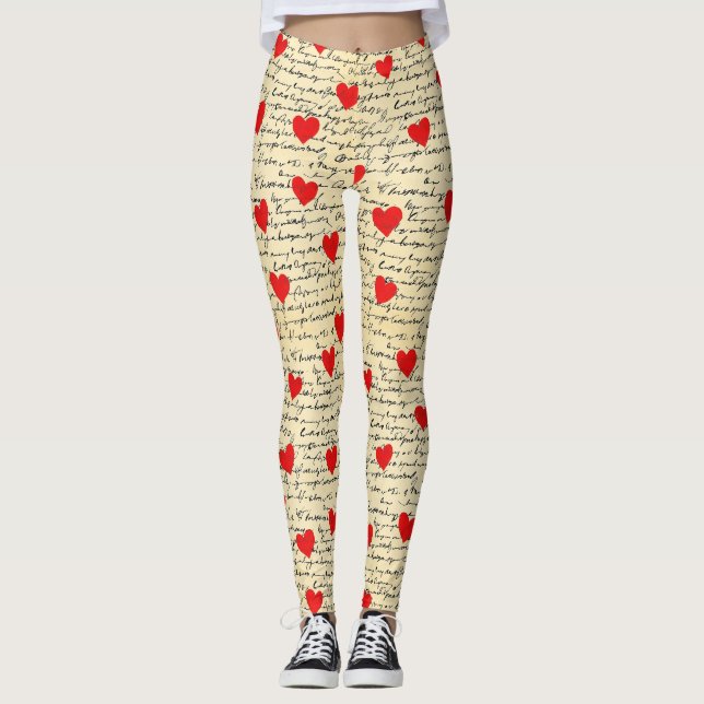 Leggings Motif de cœur moderne avec arrière-plan en script  (Devant)
