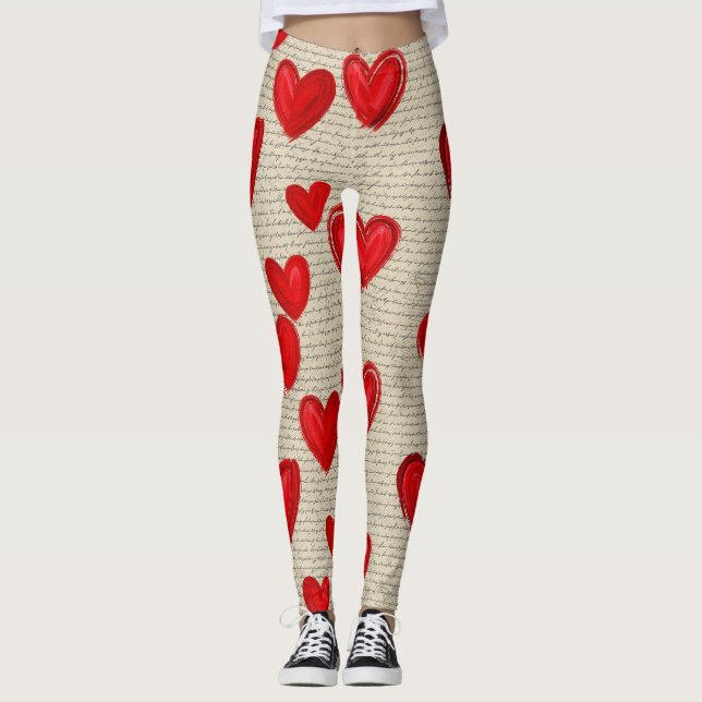 Leggings Motif de cœur moderne avec arrière-plan en script  (Devant)