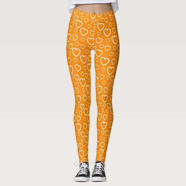 Leggings Motif de cœurs d'amour orange et blanc (Devant)