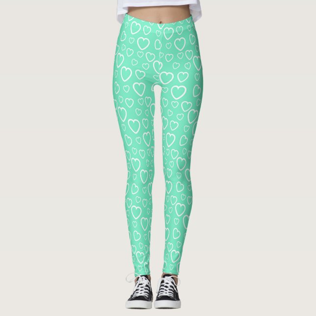 Leggings Motif de cœurs d'amour vert menthe et blanc (Devant)