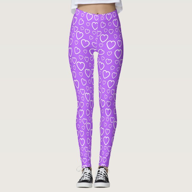 Leggings Motif de cœurs d'amour violet et blanc (Devant)