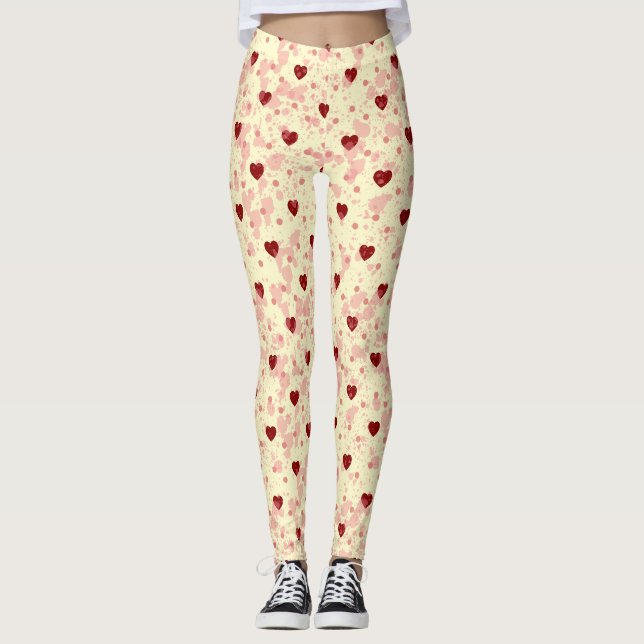 Leggings Motif de cœurs rouges sur fond jaune  (Devant)