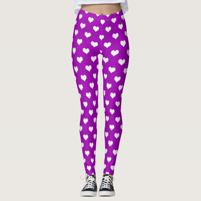 Leggings Motif de conception de cœur d'amour blanc violet  (Devant)