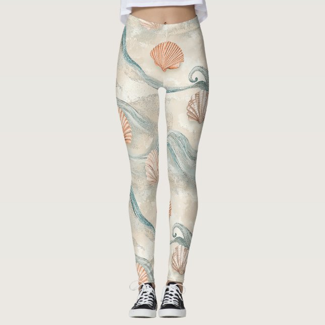 Leggings Motif de coquillages de maison de plage (Devant)
