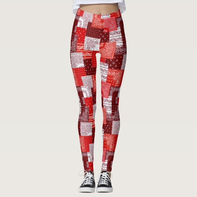 Leggings Motif de couture patchwork paisley bandana rouge (Devant)