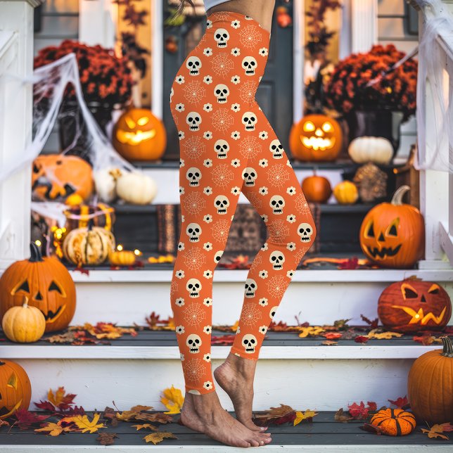 Leggings Motif de crânes et de fleurs d'Halloween orange (Créateur téléchargé)
