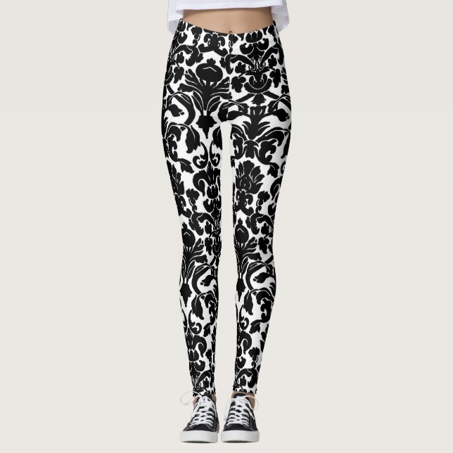 Leggings Motif de Damas ornées florales noires et blanches (Devant)