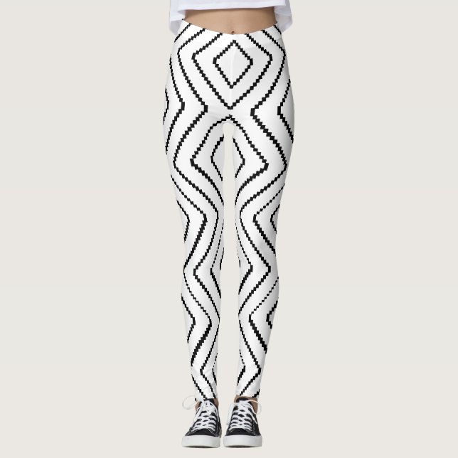 Leggings Motif de diamant géométrique noir et blanc (Devant)