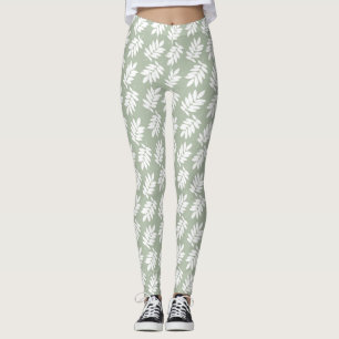 Leggings Motif de feuille âgée blanc sur vert