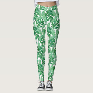 Leggings Motif de feuilles de Monstera tropicale vert et bl