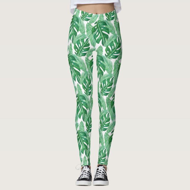 Leggings Motif de feuilles de Monstera tropicale vert et bl (Devant)