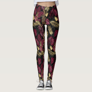 Leggings Motif de feuilles tropicales de Bourgogne et d'or