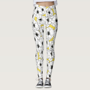 Leggings Motif de fleur jaune et noir et blanc d'anémone