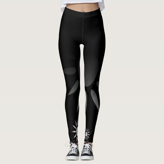 Leggings Motif de fleur noir et blanc de soleil (Devant)