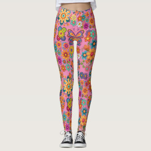 Leggings Motif de fleurs colorées rétro. BG rose