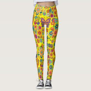 Leggings Motif de fleurs colorées rétro. Bright Yellow BG