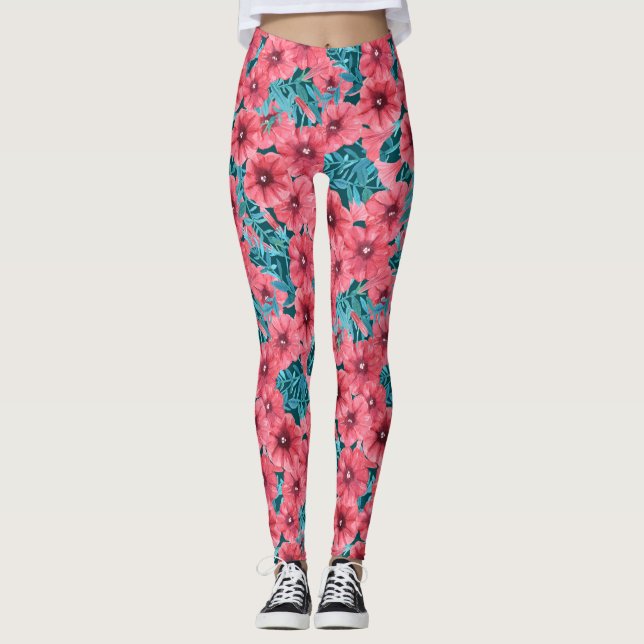 Leggings Motif de fleurs de pétunia rouge (Devant)