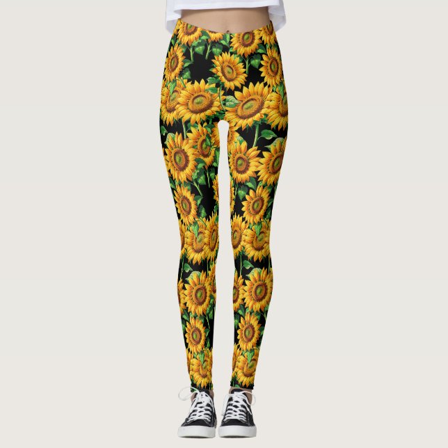 Leggings Motif de fleurs de tournesol noir (Devant)