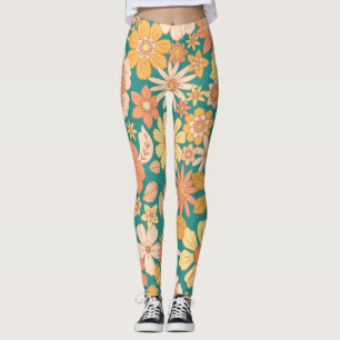 Leggings motif de fleurs printanières rose et orange