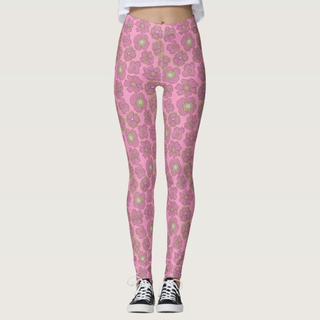 Leggings Motif de fleurs rétro roses mignonnes (Devant)