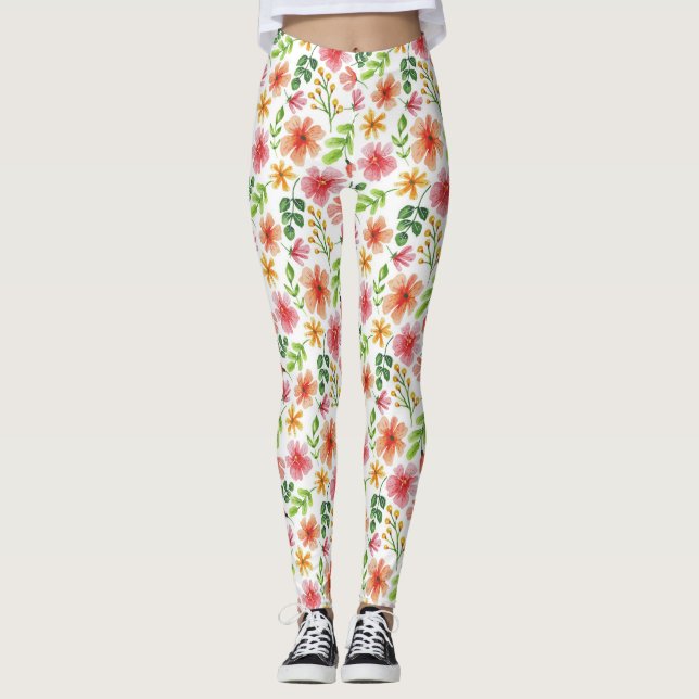 Leggings Motif de fleurs roses à l'aquarelle (Devant)