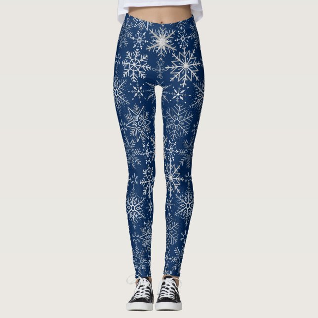Leggings Motif de flocon de neige blanc.Bleu foncé BG (Devant)