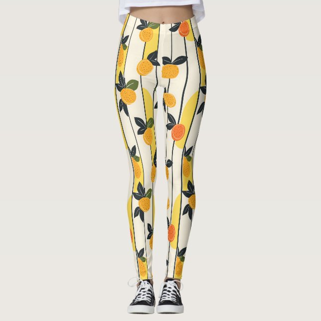 Leggings Motif de fruits d'agrumes avec Feuilles verts (2) (Devant)