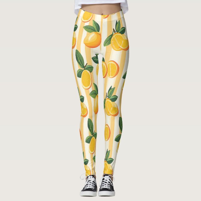 Leggings Motif de fruits d'agrumes avec Feuilles verts (3) (Devant)