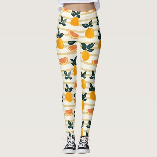 Leggings Motif de fruits d'agrumes avec Feuilles verts (4) (Devant)
