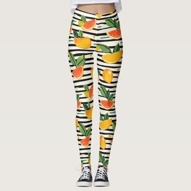 Leggings Motif de fruits d'agrumes avec Feuilles verts (6) (Devant)