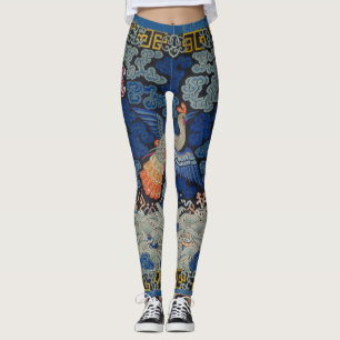 Leggings Motif de grue chinoise vintage : bleu impérial