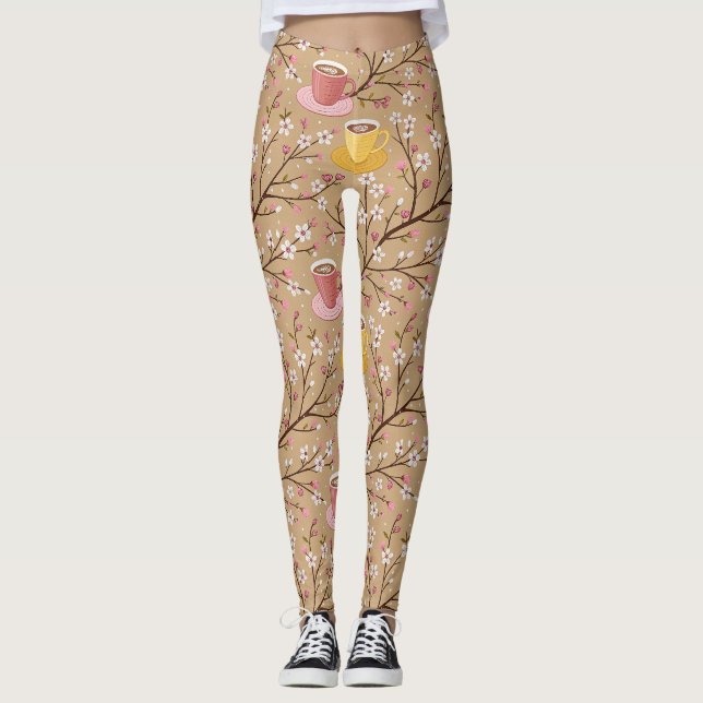 Leggings Motif de housse de café Fleur de Cerisier (4) (Devant)