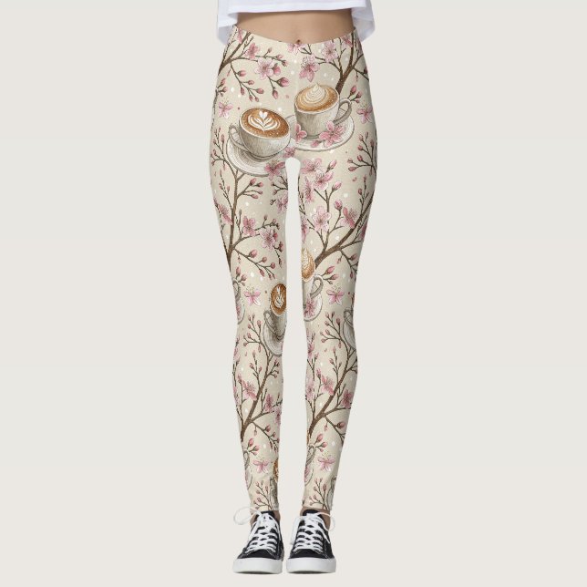 Leggings Motif de housse de café Fleur de Cerisier (6) (Devant)