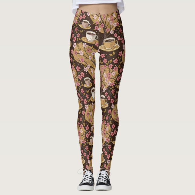 Leggings Motif de housse de café Fleur de Cerisier (8) (Devant)