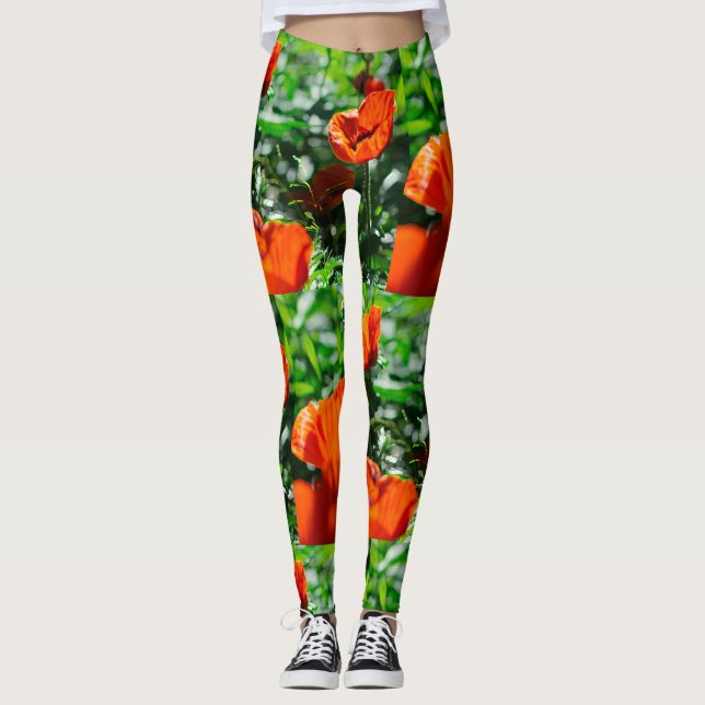 Leggings Motif de jardin Stylisé Red Poppy (Devant)