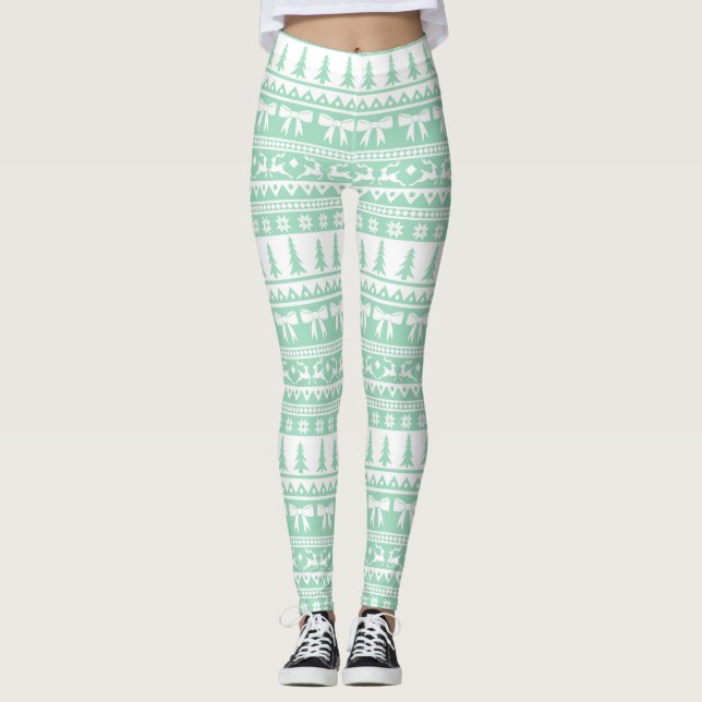 Leggings Motif de Knit moche de Noël en vert menthe (Devant)