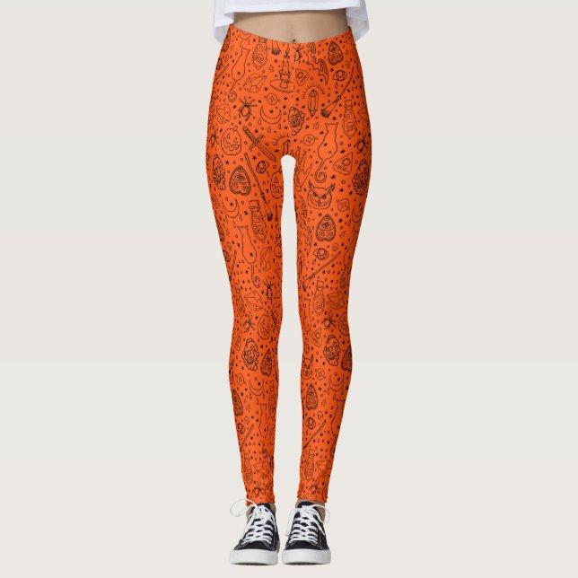 Leggings Motif de la fête d'Halloween Orange Doodle (Devant)
