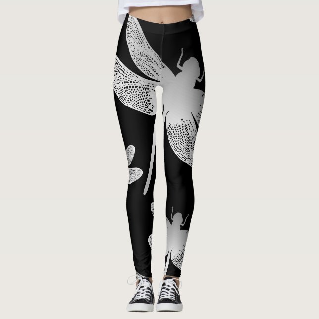 Leggings Motif de la libellule noire et blanche (Devant)