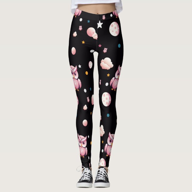 Leggings Motif de la lune de Chouette rose (Devant)