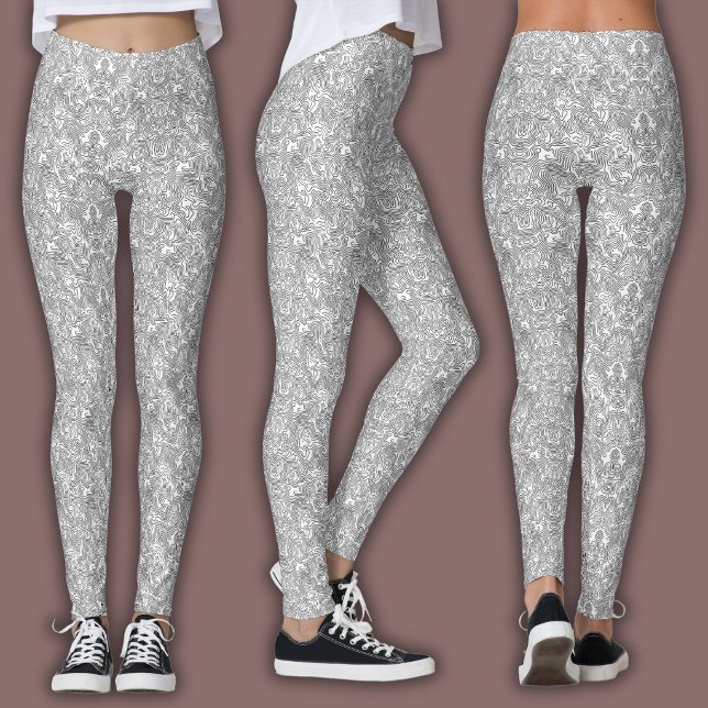 Leggings Motif de ligne topographique | Blanc et noir (Créateur téléchargé)