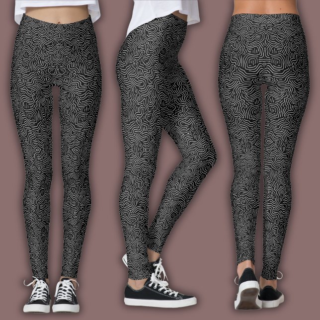 Leggings Motif de ligne topographique | Noir et blanc (Créateur téléchargé)