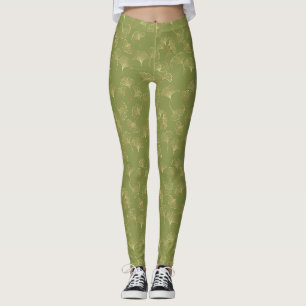 Leggings Motif de luxe en or botanique émeraude feuille de