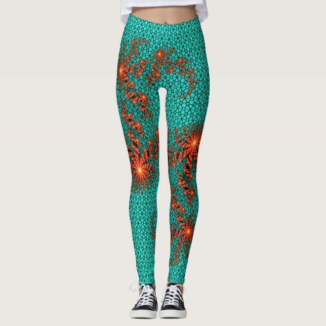 Leggings Motif de mandala abstrait sarcelle noir (Devant)