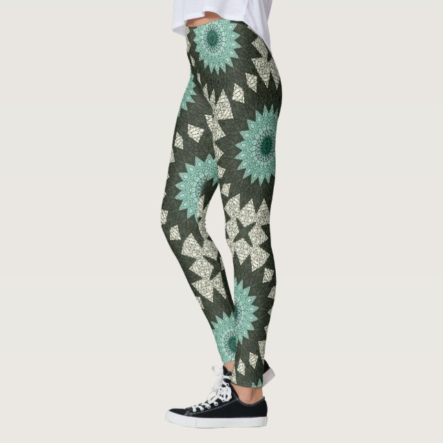 Leggings Motif de mandala géométrique sarcelle et vert (Gauche)