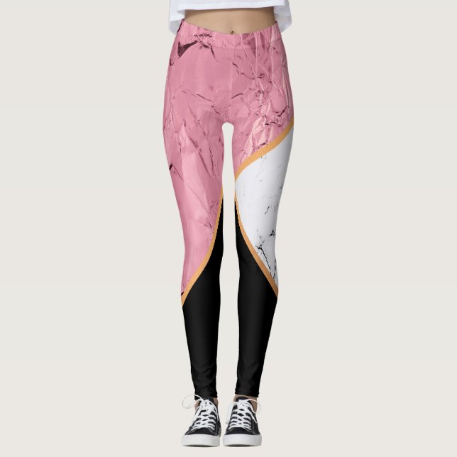 Leggings Motif de marbre noir et blanc d'or rose (Devant)