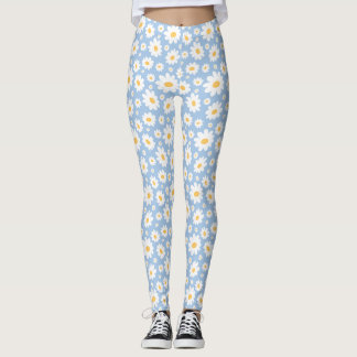 Leggings Motif de Marguerite Dessiné à la Main Bleu Poussié