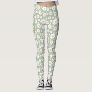 Leggings Motif de Marguerite Dessiné à la Main Vert Sauge 
