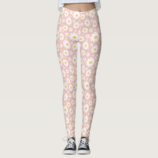 Leggings Motif de Marguerite Dessinée à la Main Rose Pâle